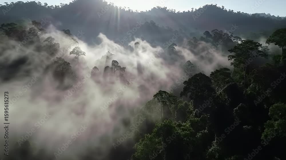 Poster aerial view of misty forest with sun rays filtering through trees creates dramatic scenery with lush