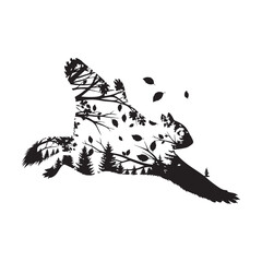 A gliding flying squirrel with an autumn forest and leaves