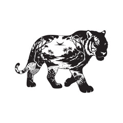 A walking tiger with a tropical jungle river vector design