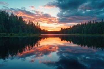 Serene sunset over a still lake, reflecting vibrant clouds in the mirrored water. Lush green forest lines the shore