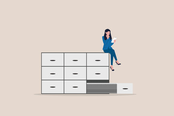 Business woman on box file with Laptop make secure Data Management . concept of Technology, Protection, and System Processes