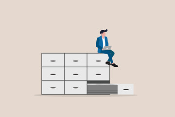 Businessman on box file with Laptop make secure Data Management . concept of Technology, Protection, and System Processes