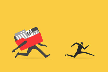 Businessman run away from of files folders. Communication problem or overload, too many folders