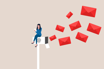 Business woman sitting on mailbox and receives letters