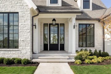 Obraz premium Stunning modern entrance of a house featuring sleek architecture, large windows, and a beautifully landscaped front yard in bright daylight