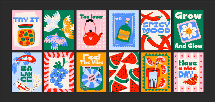 Abstract bright posters in minimalist style. Wall decor, trendy banners of summer, fruits, plants, cocktails in the cartoon style of Matisse. Decor of wallpaper, walls, print and postcards