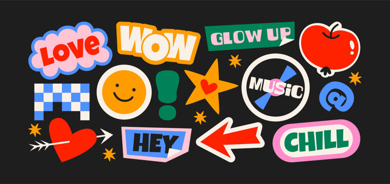 Futuristic y2k patches, labels, tags, stickers, bracelet stamps in retro style. Cartoon stickers in funky hipster groovy grunge 90s style. Vector set, trendy promo labels