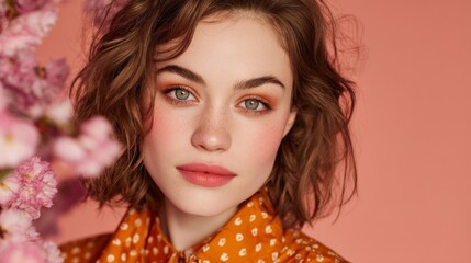 Fototapeta premium Portrait of a Young Woman with Freckles and Soft Makeup Near Pink Flowers