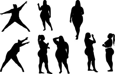 Fat woman vector silhouette on a white background. Fat girl in different poses.

