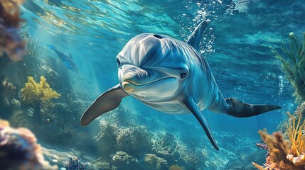 A friendly dolphin swims underwater in a vibrant coral reef, surrounded by clear blue water and diverse marine life.