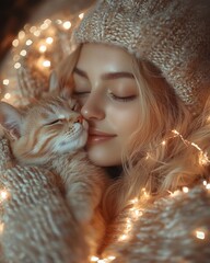 Cozy Winter Night: Girl and Kitten Embrace