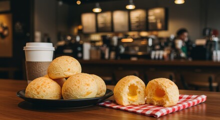 A plate of brazilian cheese bread with a drink on a table in a coffee shop setting view, pão de queijo