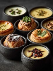 Assorted Creamy Soups and Puff Pastry Bites in Small Black Bowls