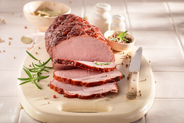 Healthy cured ham made of pork meat.