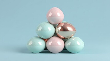 Pastel-colored spheres arranged in a triangular pyramid.