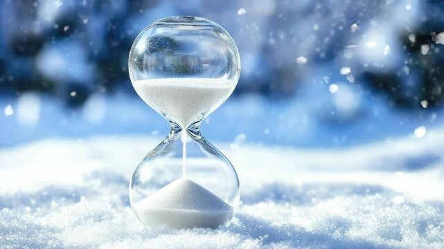 Hourglass in snow symbolizes passage of time against wintery backdrop