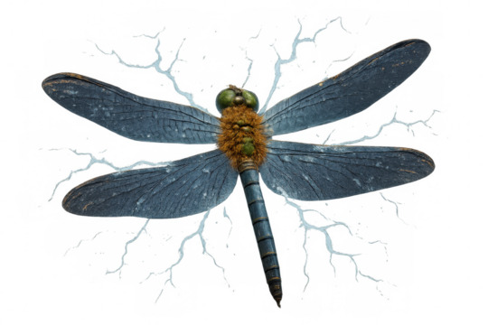 Electric blue dragonfly glowing, lightning-charged wings extended against transparent backdrop - Powered by Adobe