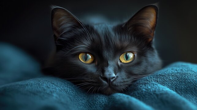 Close-up of a black cat with yellow eyes resting on a blue blanket.