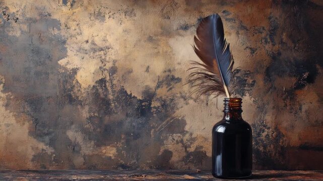 Quill pen in ink bottle on rustic background