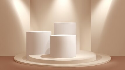 Three white cylinder display stands on a beige platform.