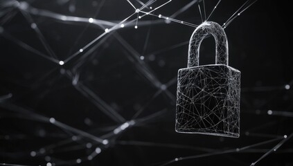 Digital padlock, network lines, dark background