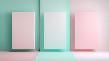 Three pastel colored rectangular displays.