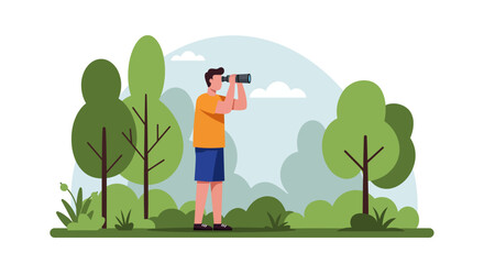 Fototapeta premium Man with Binoculars in Park: Flat Vector Illustration of Exploration and Discovery.