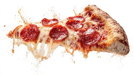A pepperoni pizza slice in mid-air, cheese stretching, with sauce and pepperoni visible, isolated on white background, showing a dynamic splash effect