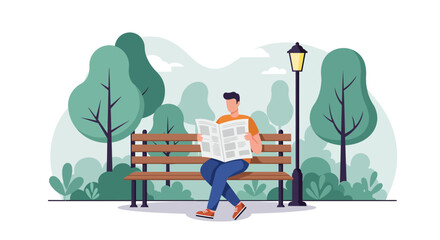 Naklejka premium Serene Park Bench: Man Reading Newspaper in Tranquil Green Setting.