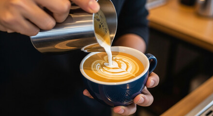 Barista pouring latte art into coffee.