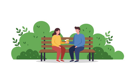 Fototapeta premium Couple Sharing Coffee on Park Bench Vector Illustration Flat Design Greenery.