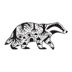 A European badger with its underground sett and tree roots © MAHEDI