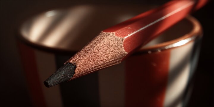 Closeup of a pencil balanced on a red cup