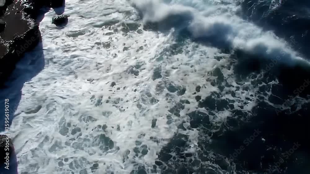 Poster aerial view of ocean waves crashing against dark cliffs generating white foam on a sunny day.