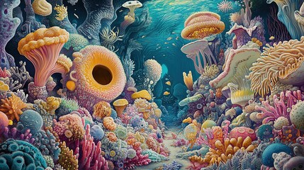 A vibrant underwater coral reef teeming with diverse marine life and colorful anemones, sponges, and sea creatures in a deep ocean setting.