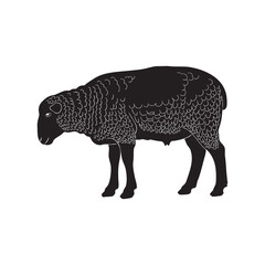 A black farm sheep with a stylized wool coat in a linocut art