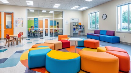 Autism-friendly inclusive workspace with soft seating and sensory-friendly calming design