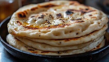 Stack of golden-brown flatbreads, cooked in a dark pan, drizzled with melted butter and sprinkled with seasonings