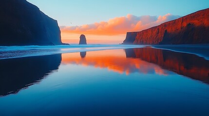 Dramatic sunset over a tranquil beach with a dramatic rock formation.