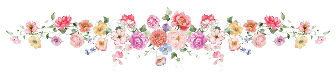 Watercolor floral illustration - bouquet with bright peach color, white, pink, blue flowers, rose, peony, poppy, tulips, sweet pea, chamomile, ranunculus, buttercups. Wedding invitation, clipart.