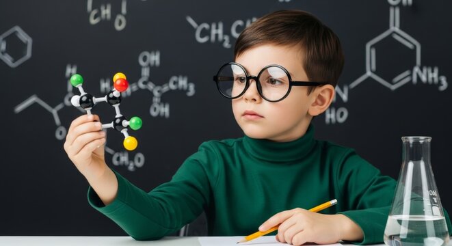 A young boy wearing glasses intently examines a molecular model in front of a chalkboard filled with chemical formulas - Powered by Adobe