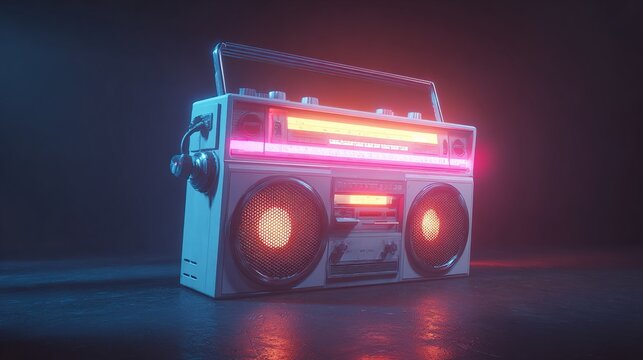 Retro boombox with vibrant pink and orange neon lighting, sitting on a dark reflective surface, showcasing a classic design with a handle and large speaker grilles