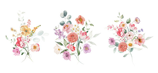 Watercolor floral illustration - bouquet with green leaves and branches. Wedding invitation, clipart, greetings, wallpapers, fashion, background, texture, wrapping.