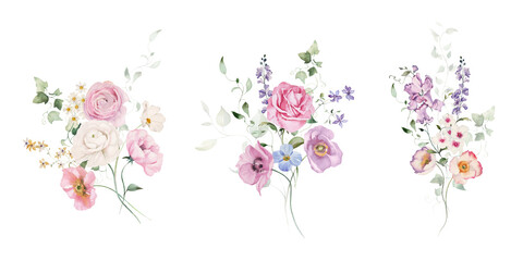 Watercolor floral illustration - bouquets set with bright peach color, white, pink, blue flowers, rose, peony, poppy, tulips, sweet pea, chamomile, ranunculus, buttercups. Wedding invitation, clipart.