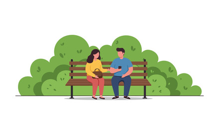 Fototapeta premium Couple on Park Bench: Vector Illustration of Conversation and Connection.