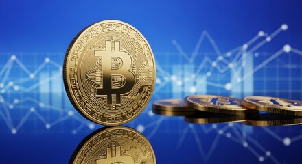A golden bitcoin coin stands prominently against a blue background with financial charts indicating growth and market trends