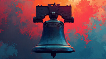 The Liberty Bell, iconic symbol of American freedom, depicted against a dramatic, fiery backdrop.