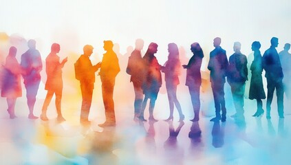 A colorful, stylized depiction of a group of people networking.  