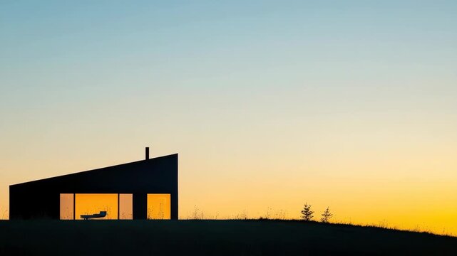 Modern minimalist house at sunset with large windows