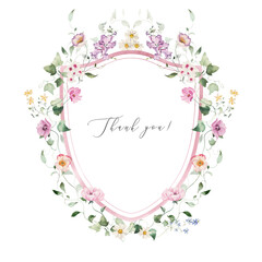 Watercolor floral illustration - flower crest with bright peach color, white, pink, blue flowers, rose, peony, poppy, tulips, sweet pea, chamomile, ranunculus, buttercups. Wedding invitation, clipart.